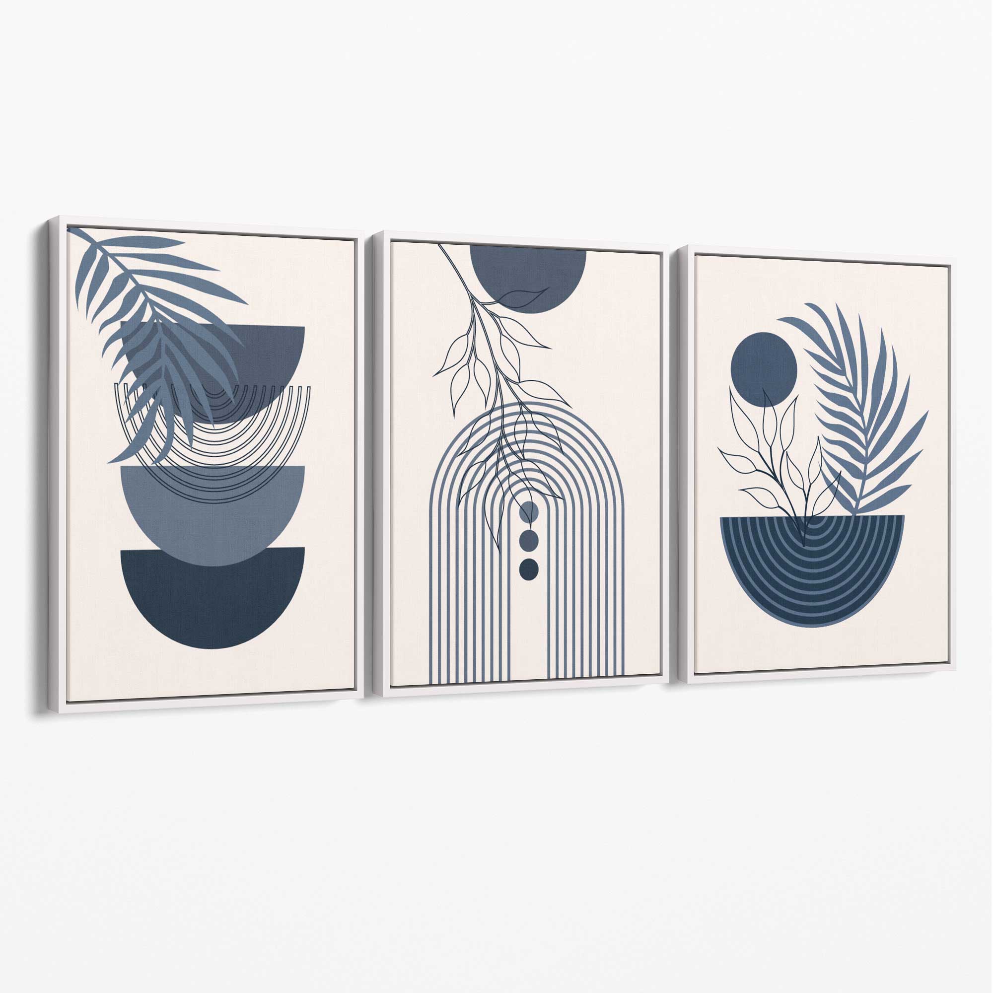 Set of 3 Boho Floral Geometric Navy and Blue Canvas Art Prints with White Float Frame