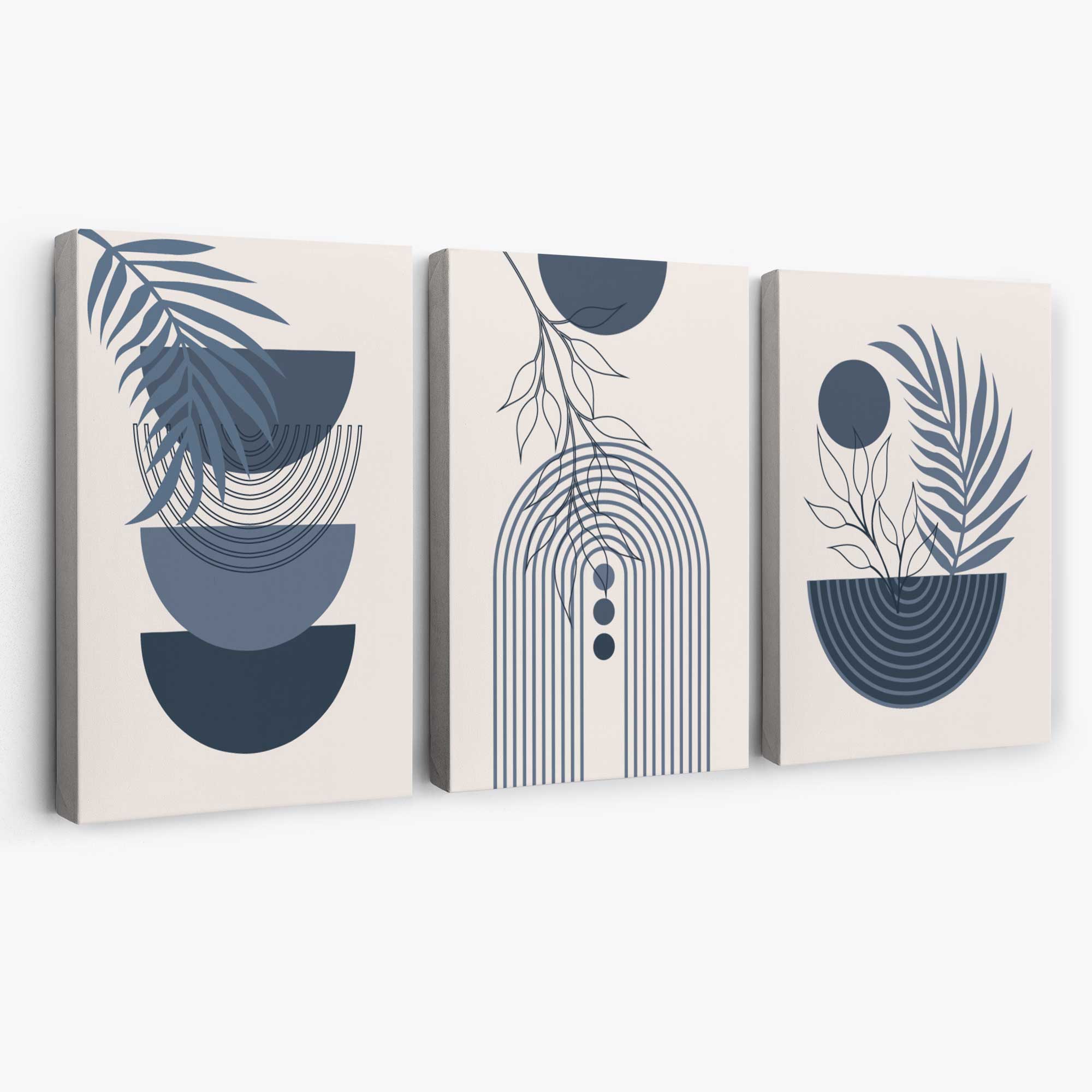 Set of 3 Boho Floral Geometric Navy and Blue Canvas Art Prints | Artze Wall Art