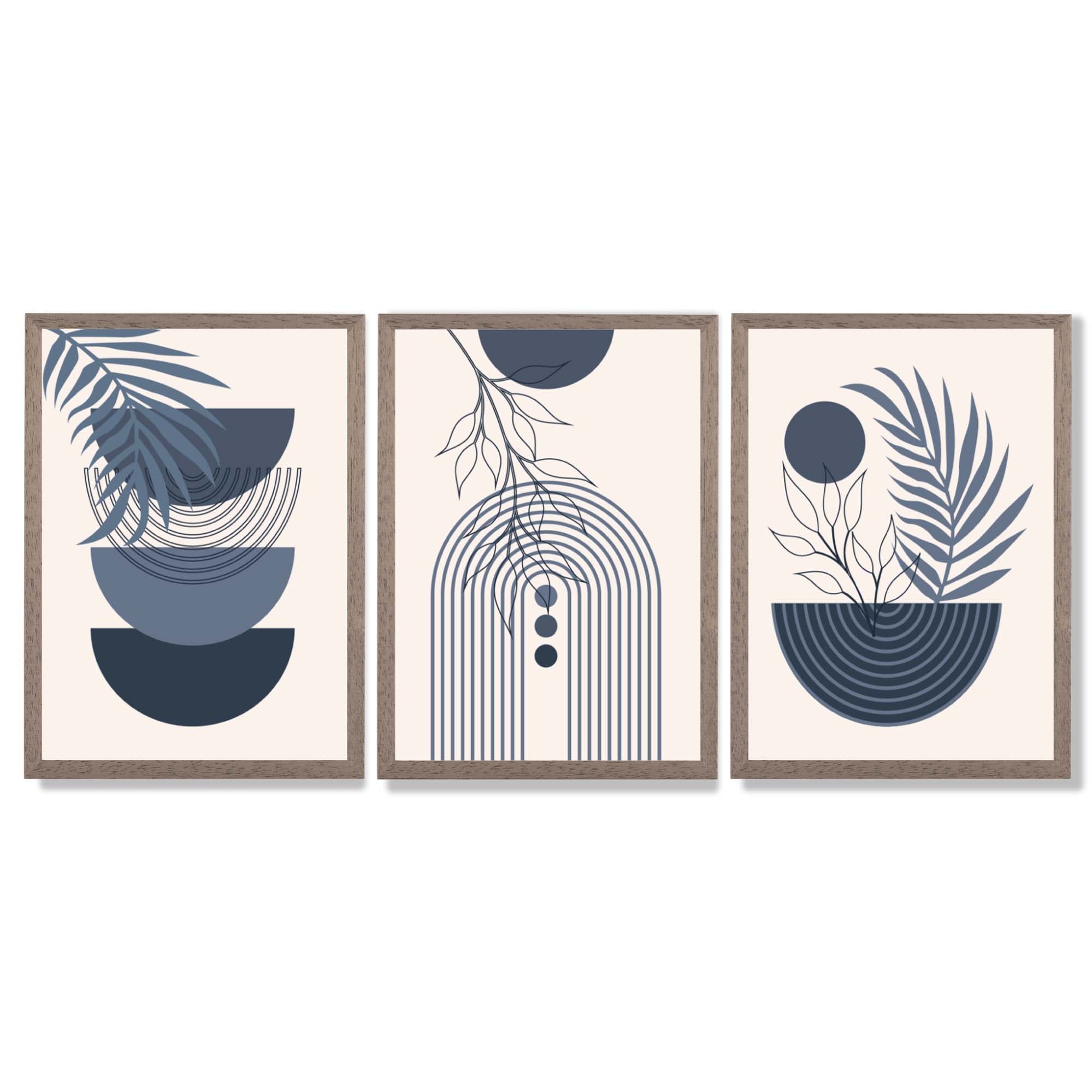Set of 3 Boho Floral Geometric Navy and Blue Framed Art Prints with Light Walnut Frames