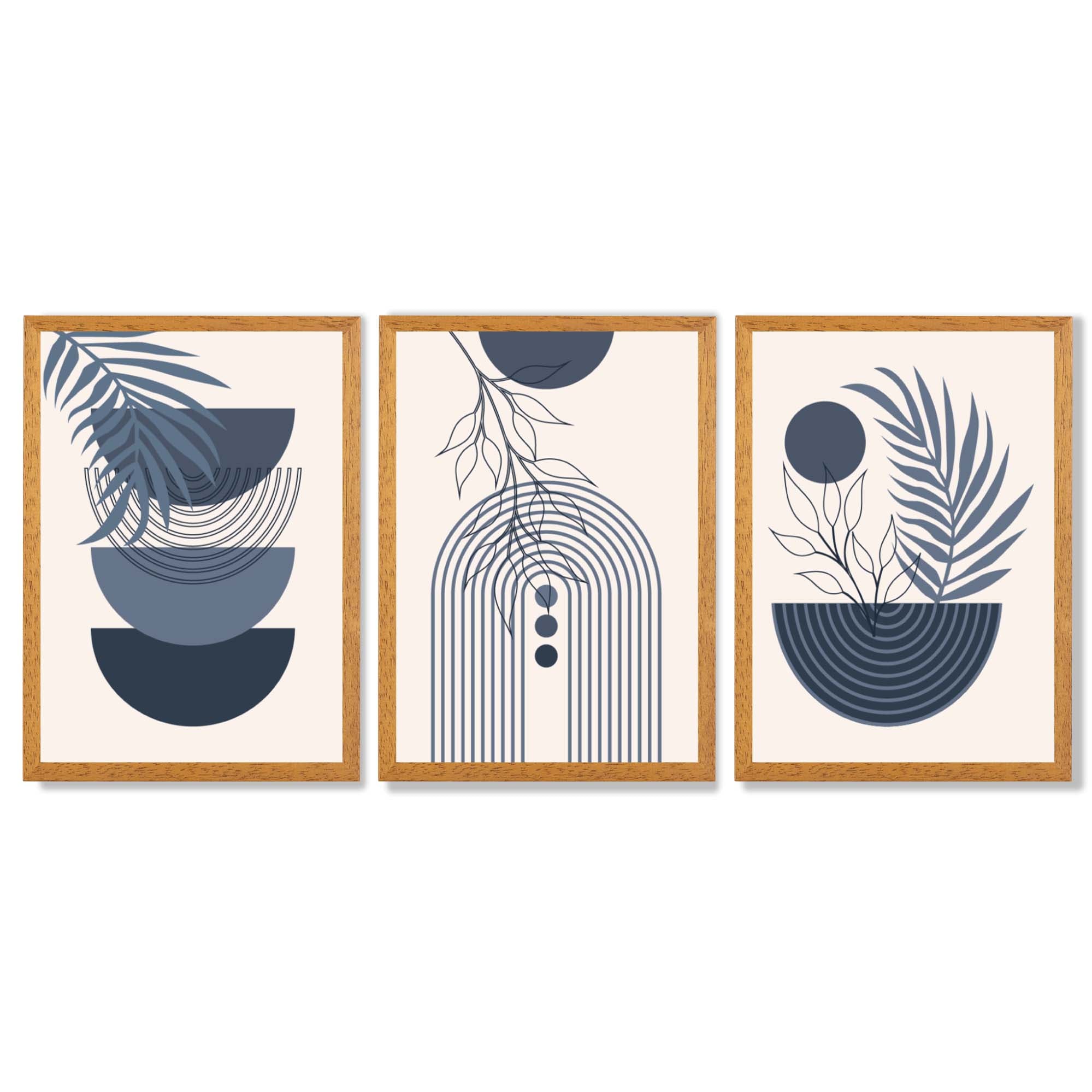Set of 3 Boho Floral Geometric Navy and Blue Framed Art Prints with Oak Wooden Frames