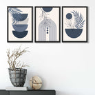 Set of 3 Boho Floral Geometric Navy and Blue Art Prints in Black Frames | Artze UK