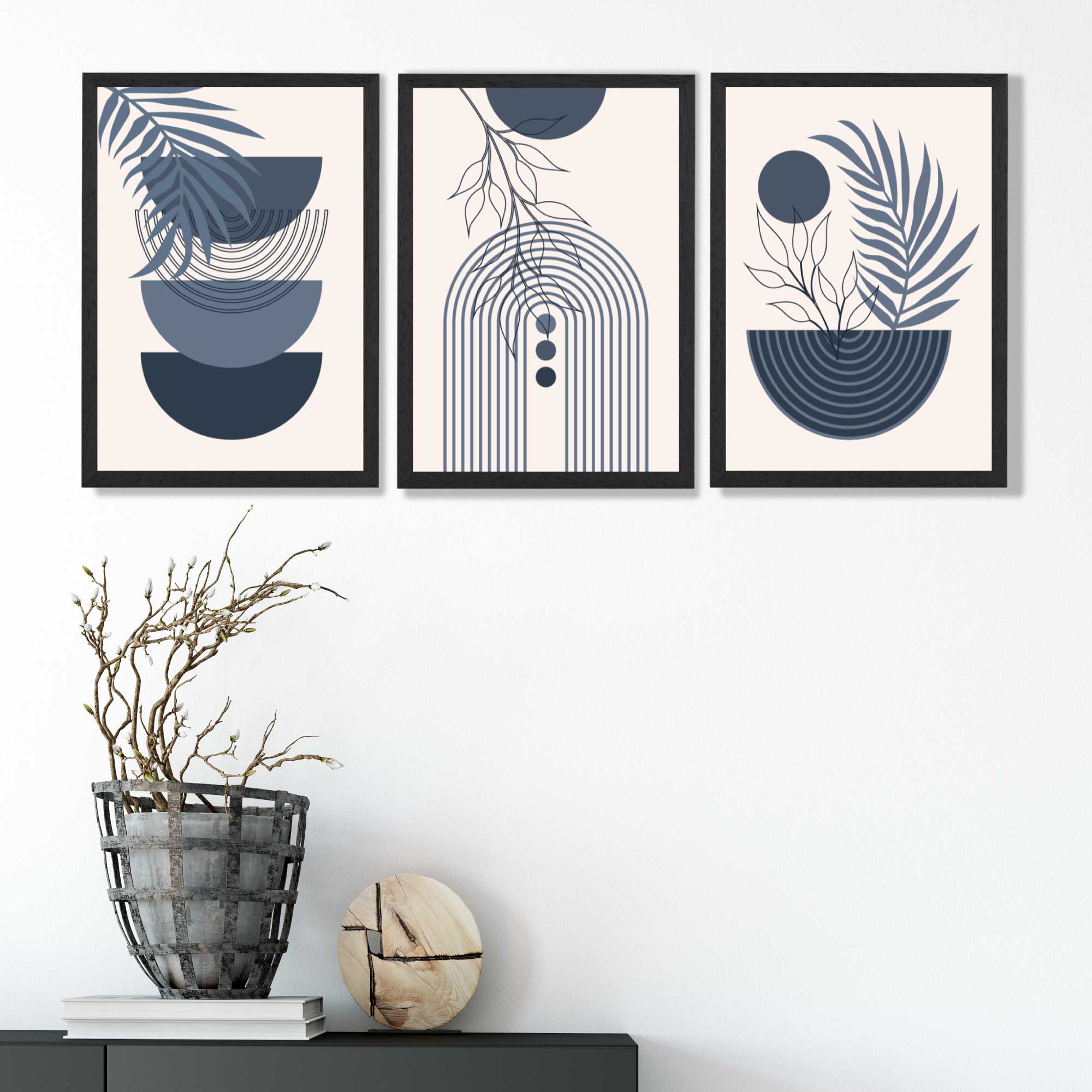 Set of 3 Boho Floral Geometric Navy and Blue Art Prints in Black Frames | Artze UK