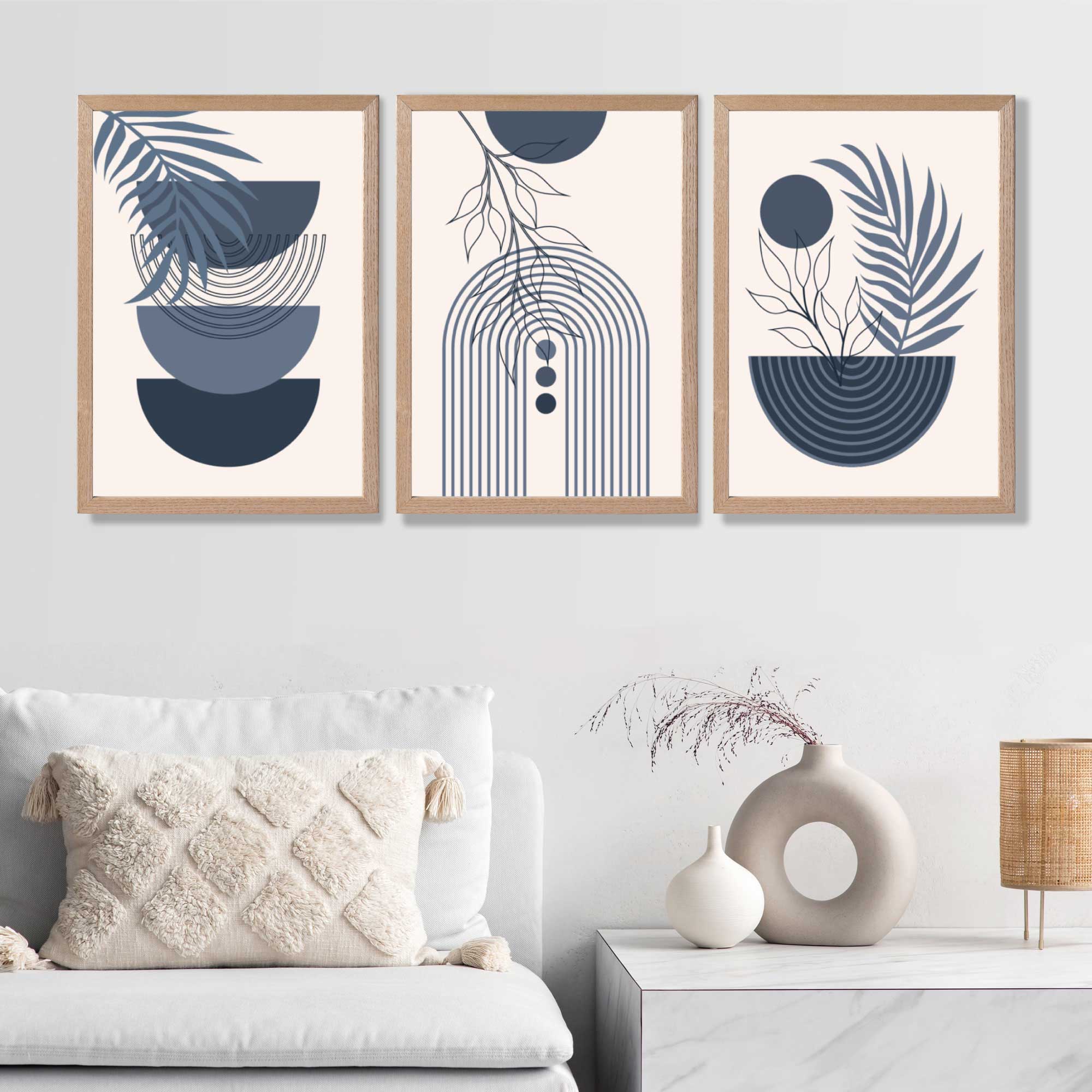 Set of 3 Boho Floral Geometric Navy and Blue Art Prints in Oak Frames | Artze UK