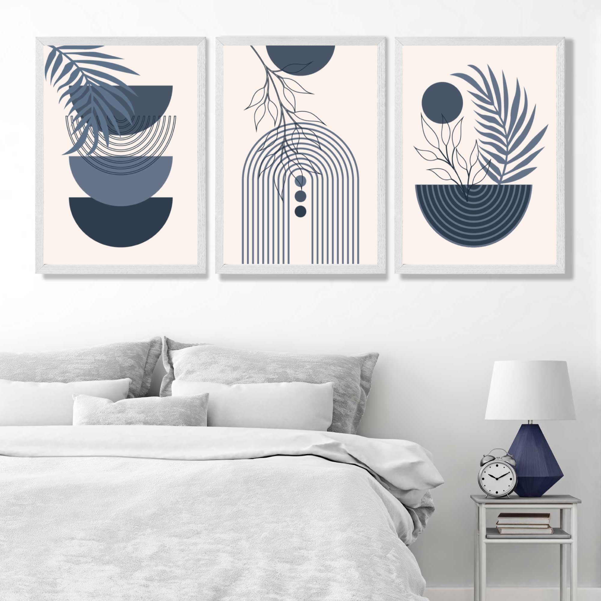 Set of 3 Boho Floral Geometric Navy and Blue Art Prints in White Frames | Artze UK