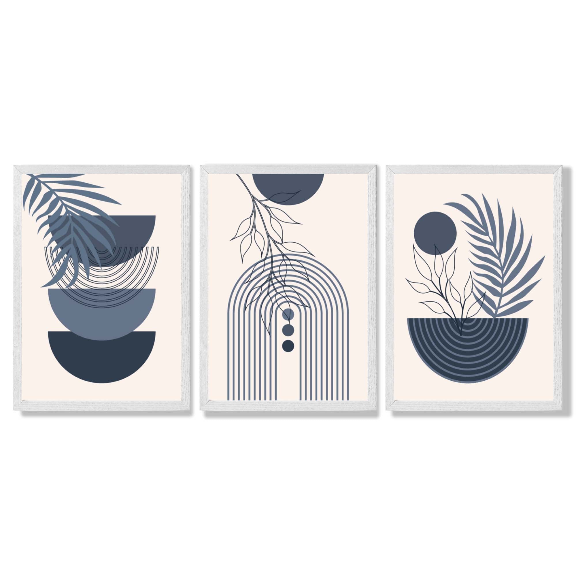 Set of 3 Boho Floral Geometric Navy and Blue Framed Art Prints with White Wooden Frames