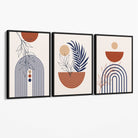 Set of 3 Boho Floral Geometric Blue and Orange Canvas Art Prints with Black Float Frame