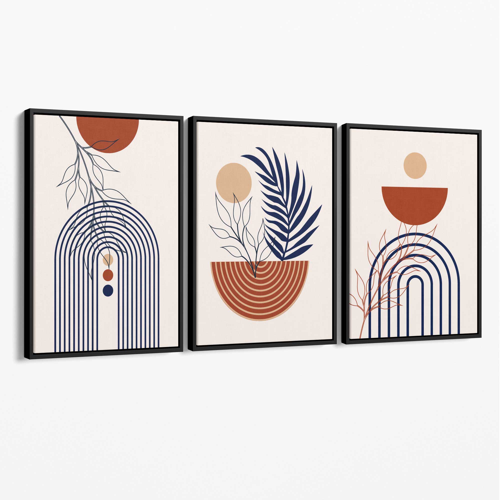 Set of 3 Boho Floral Geometric Blue and Orange Canvas Art Prints with Black Float Frame
