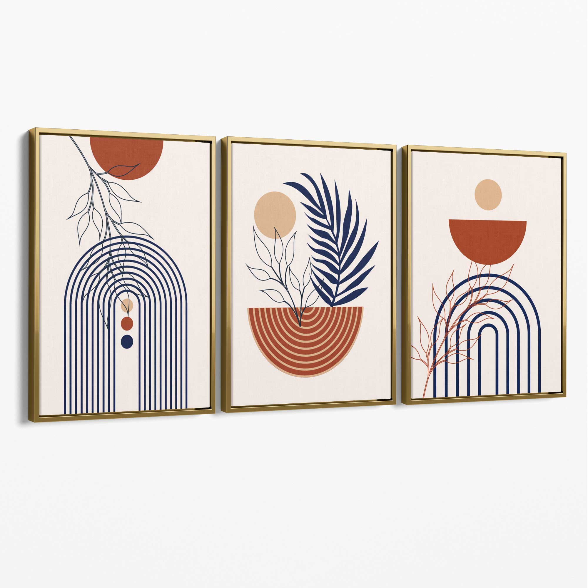Set of 3 Boho Floral Geometric Blue and Orange Canvas Art Prints with Gold Float Frame