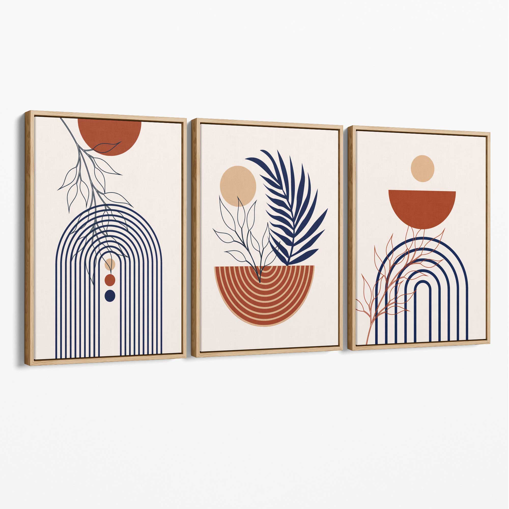Set of 3 Boho Floral Geometric Blue and Orange Canvas Art Prints with Oak Float Frame