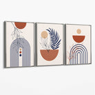 Set of 3 Boho Floral Geometric Blue and Orange Canvas Art Prints with Silver Float Frame