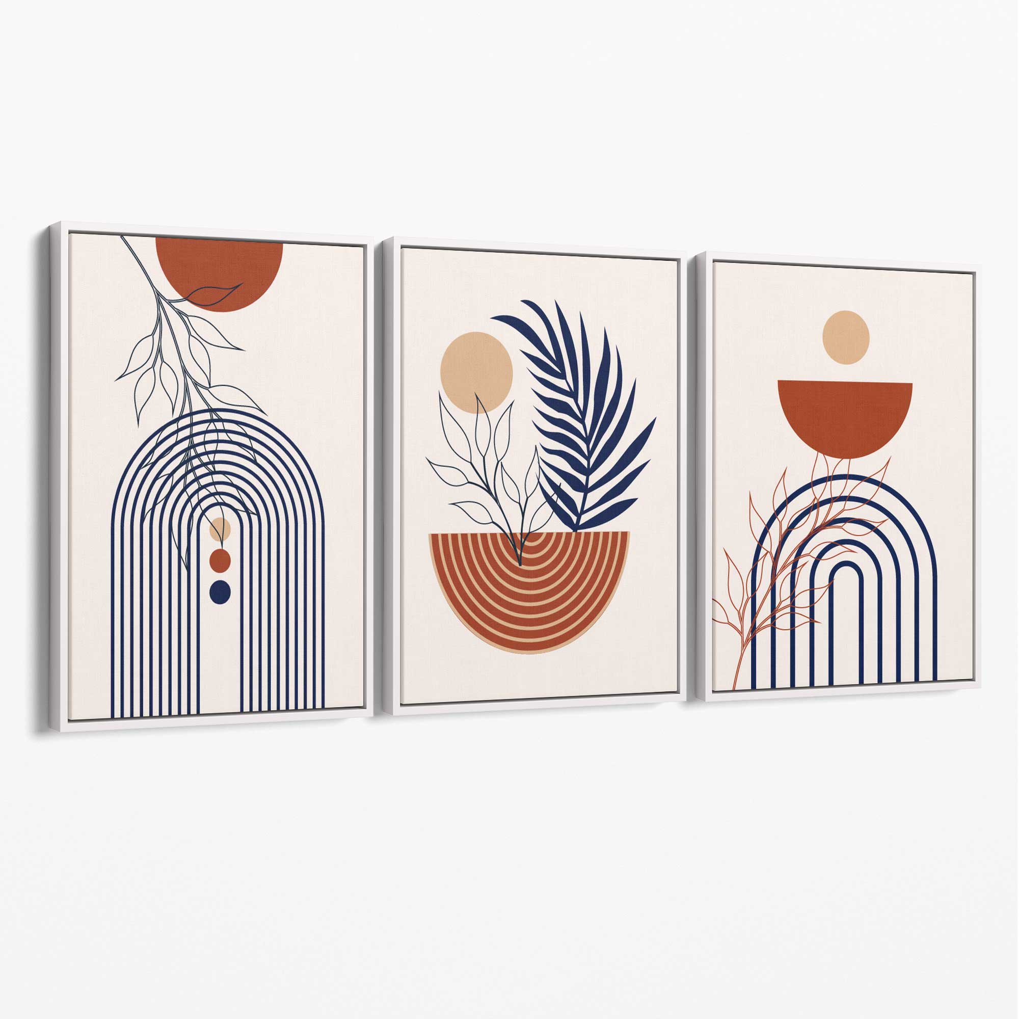 Set of 3 Boho Floral Geometric Blue and Orange Canvas Art Prints with White Float Frame