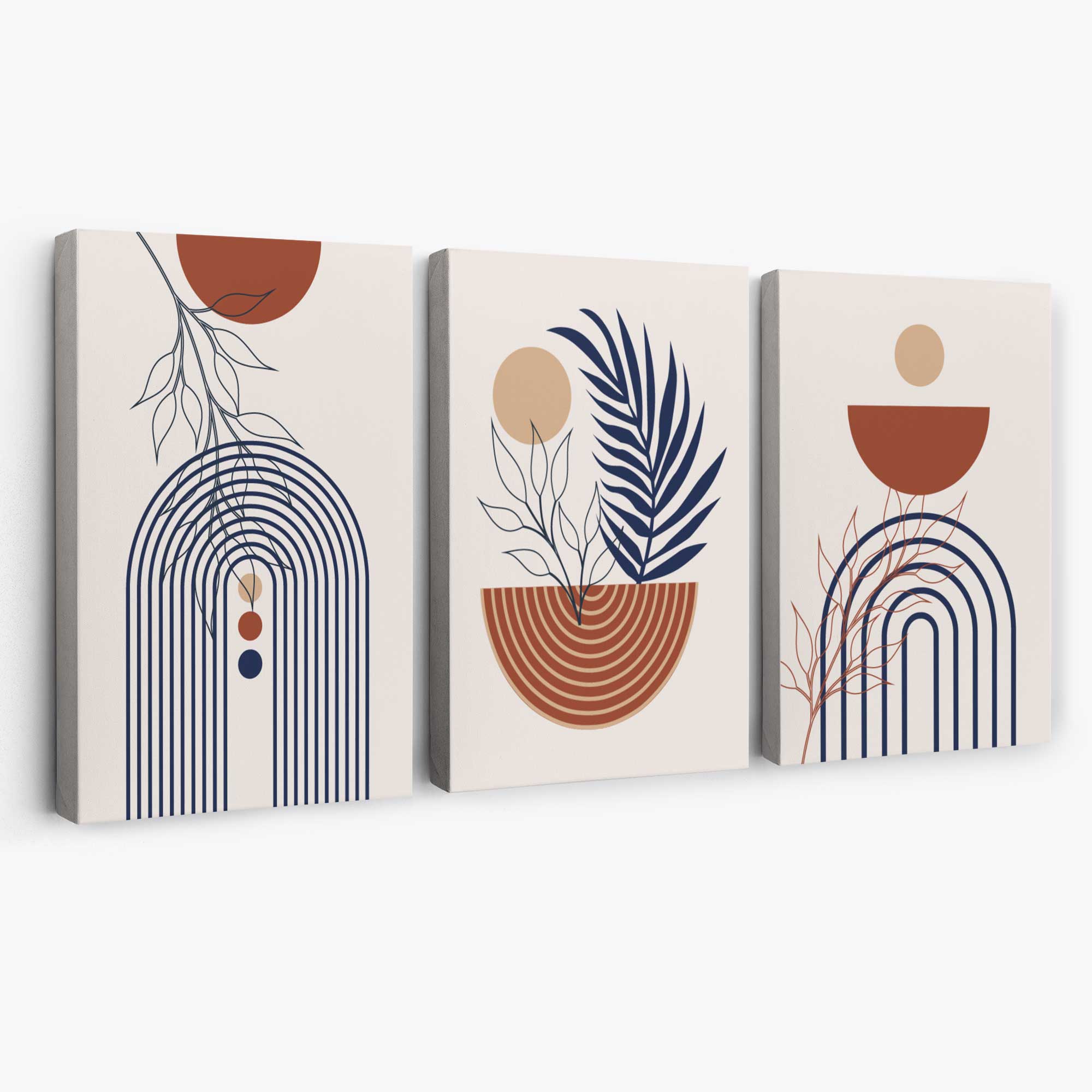 Set of 3 Boho Floral Geometric Blue and Orange Canvas Art Prints | Artze Wall Art
