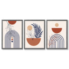 Set of 3 Boho Floral Geometric Blue and Orange Framed Art Prints with Dark Grey Wooden Frames
