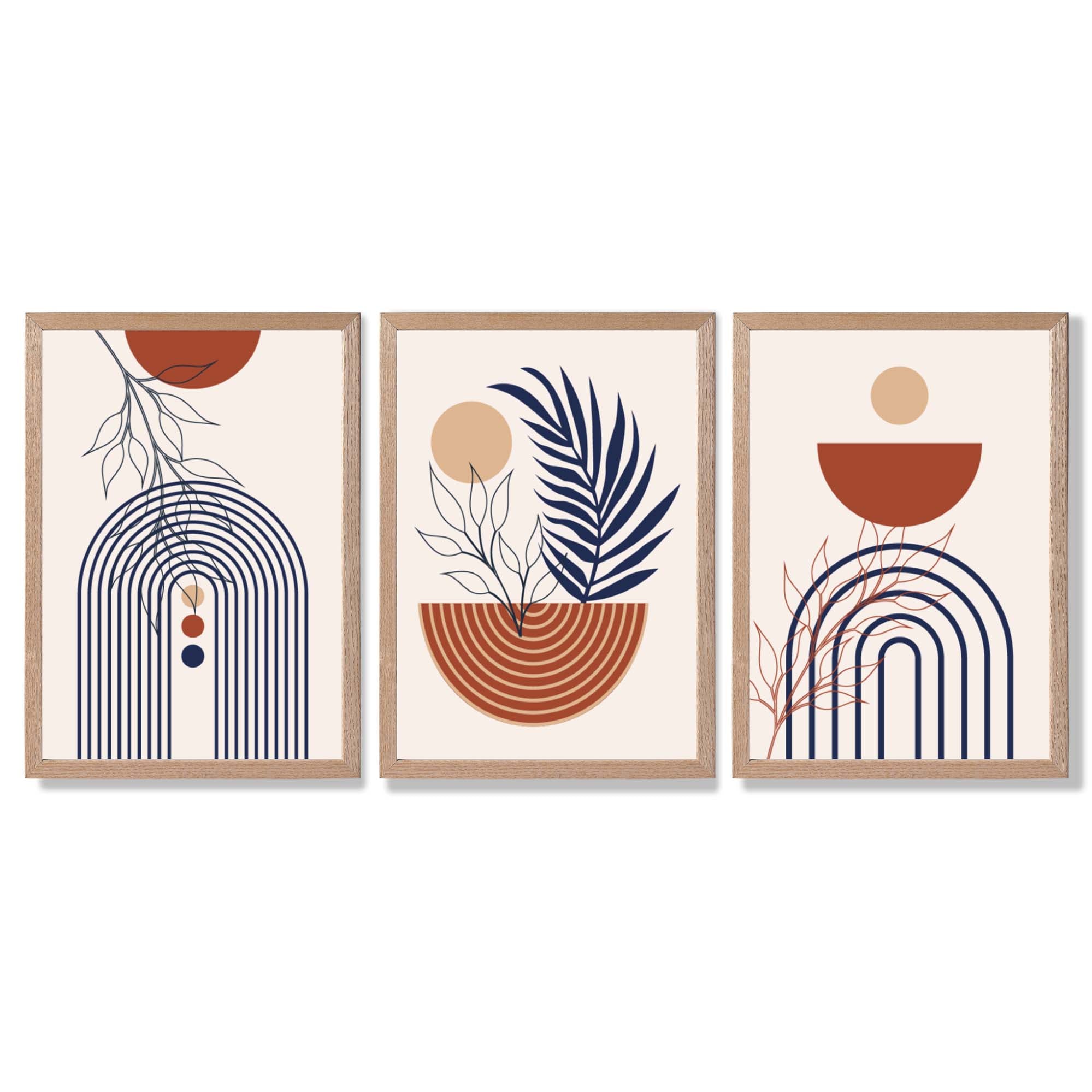 Set of 3 Boho Floral Geometric Blue and Orange Framed Art Prints with Light Oak Frames