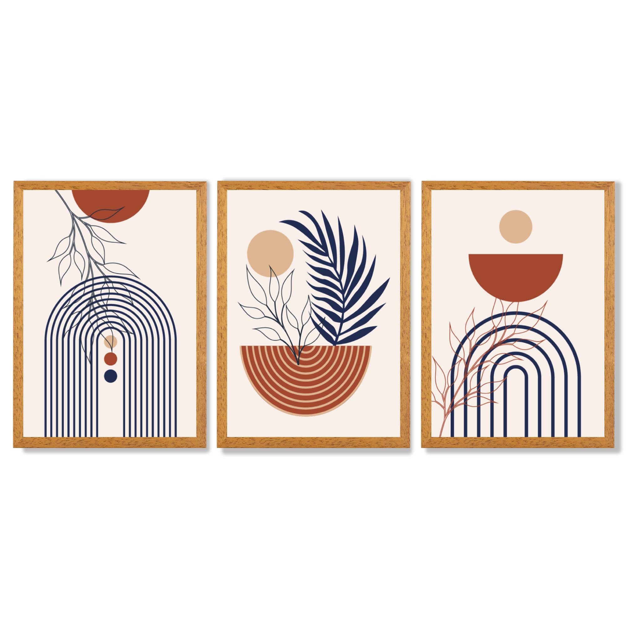 Set of 3 Boho Floral Geometric Blue and Orange Framed Art Prints with Oak Wooden Frames
