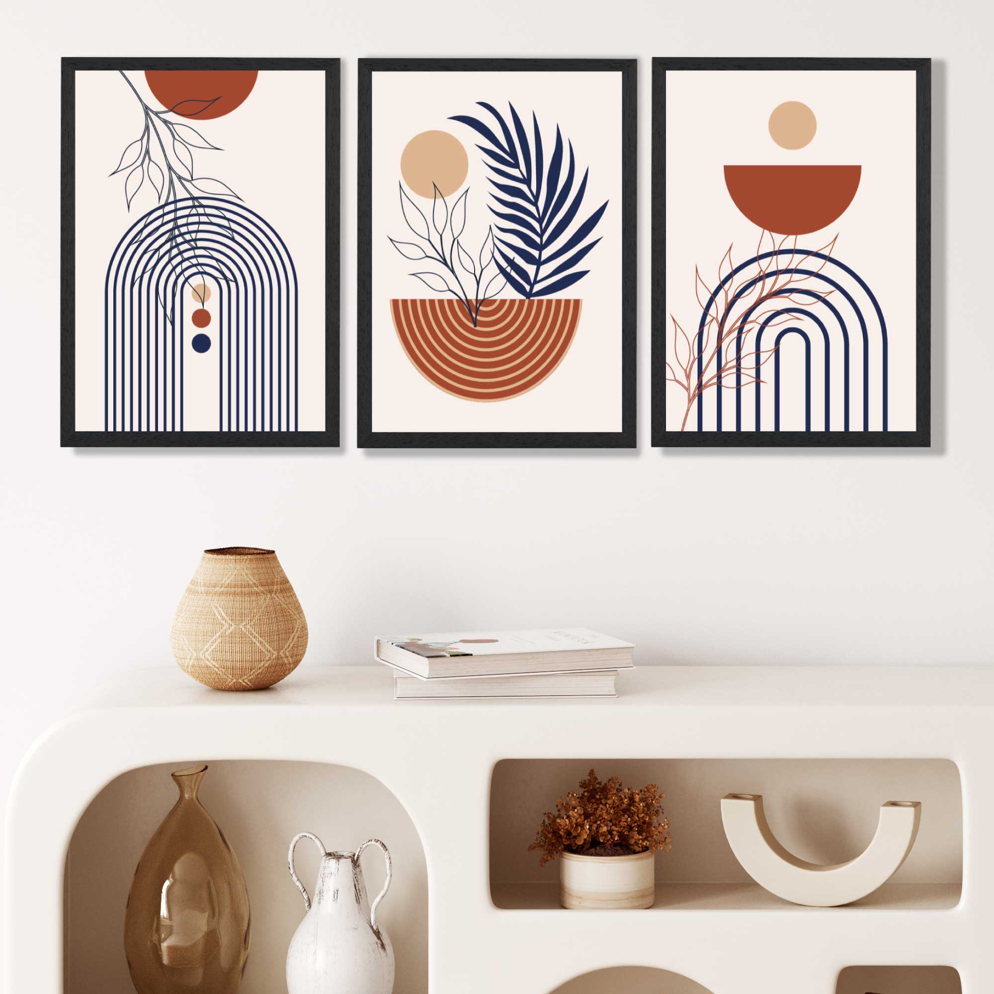 Set of 3 Boho Floral Geometric Blue and Orange Art Prints in Black Frames | Artze UK