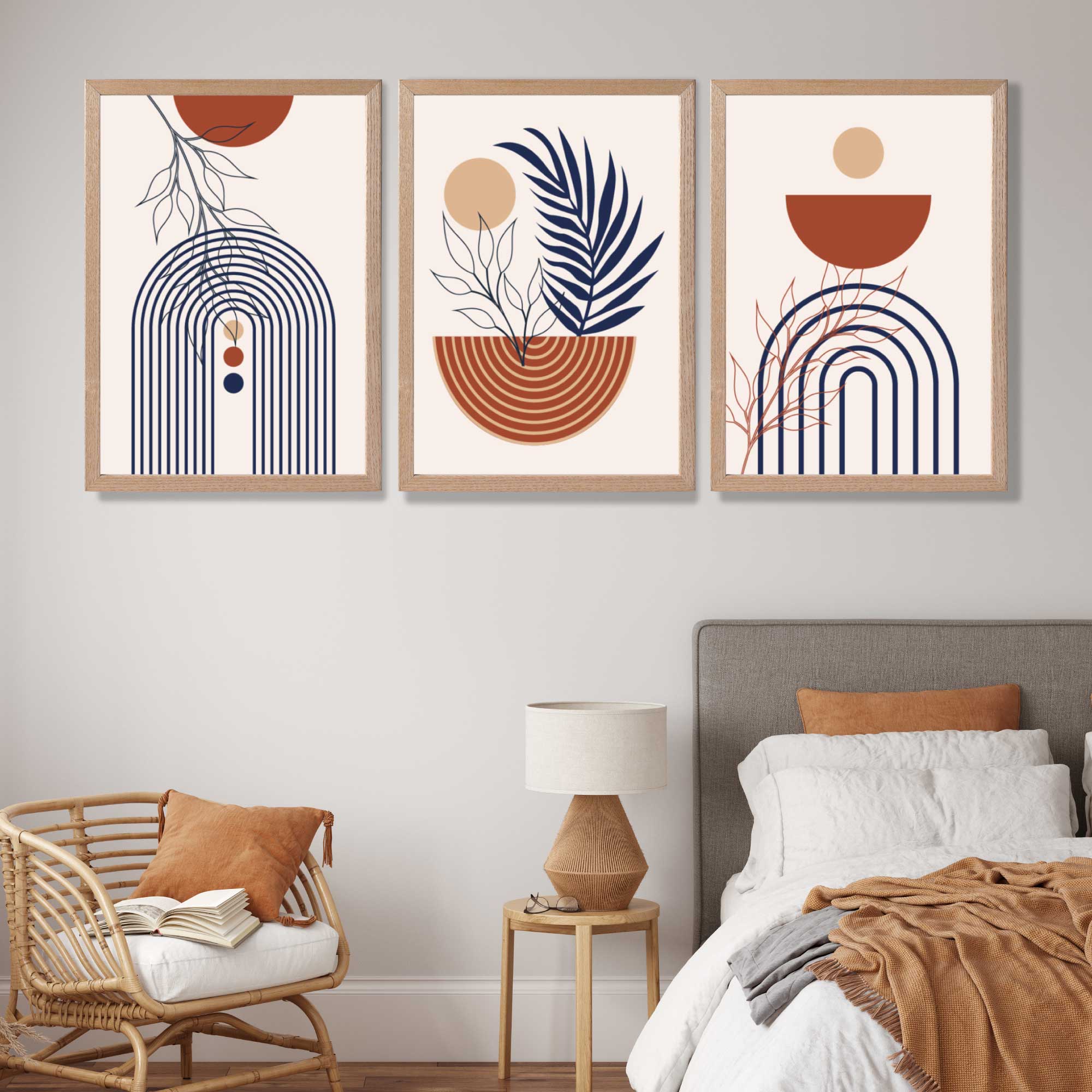 Set of 3 Boho Floral Geometric Blue and Orange Art Prints in Oak Frames | Artze UK