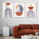 Set of 3 Boho Floral Geometric Blue and Orange Art Prints in White Frames | Artze UK