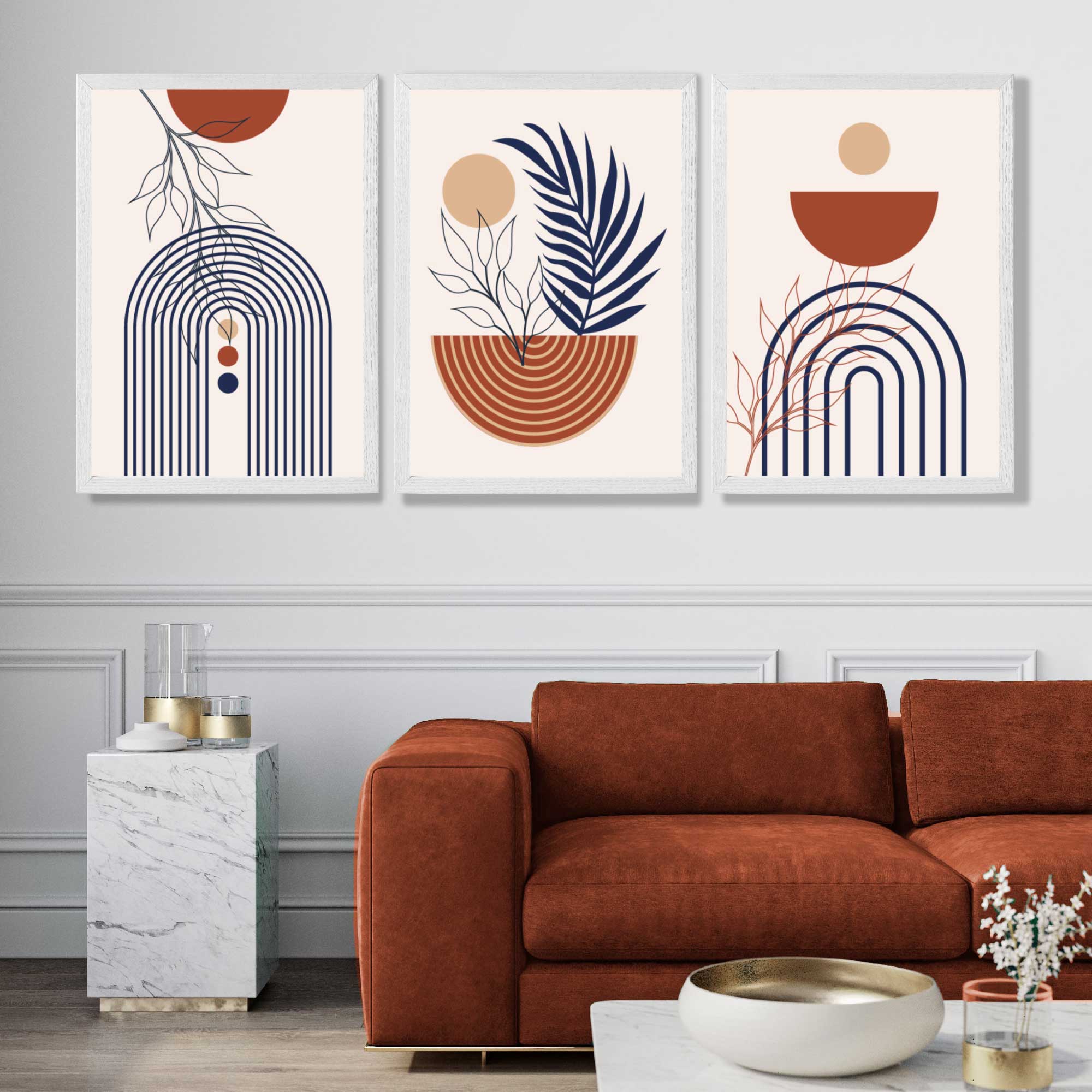 Set of 3 Boho Floral Geometric Blue and Orange Art Prints in White Frames | Artze UK