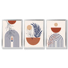Set of 3 Boho Floral Geometric Blue and Orange Framed Art Prints with Silver Wood Frames