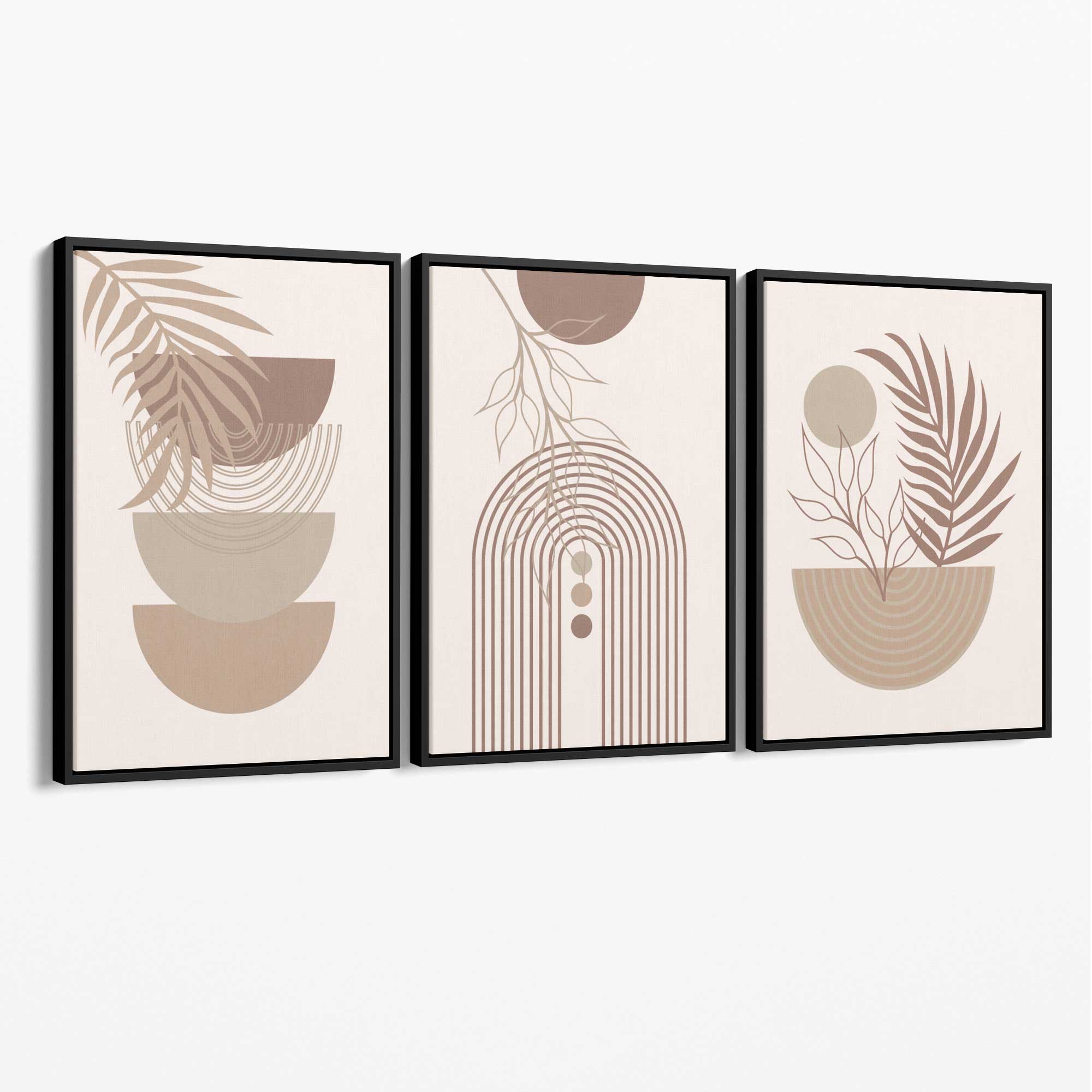 Set of 3 Boho Floral Geometric Neutral Beige Canvas Art Prints with Black Float Frame