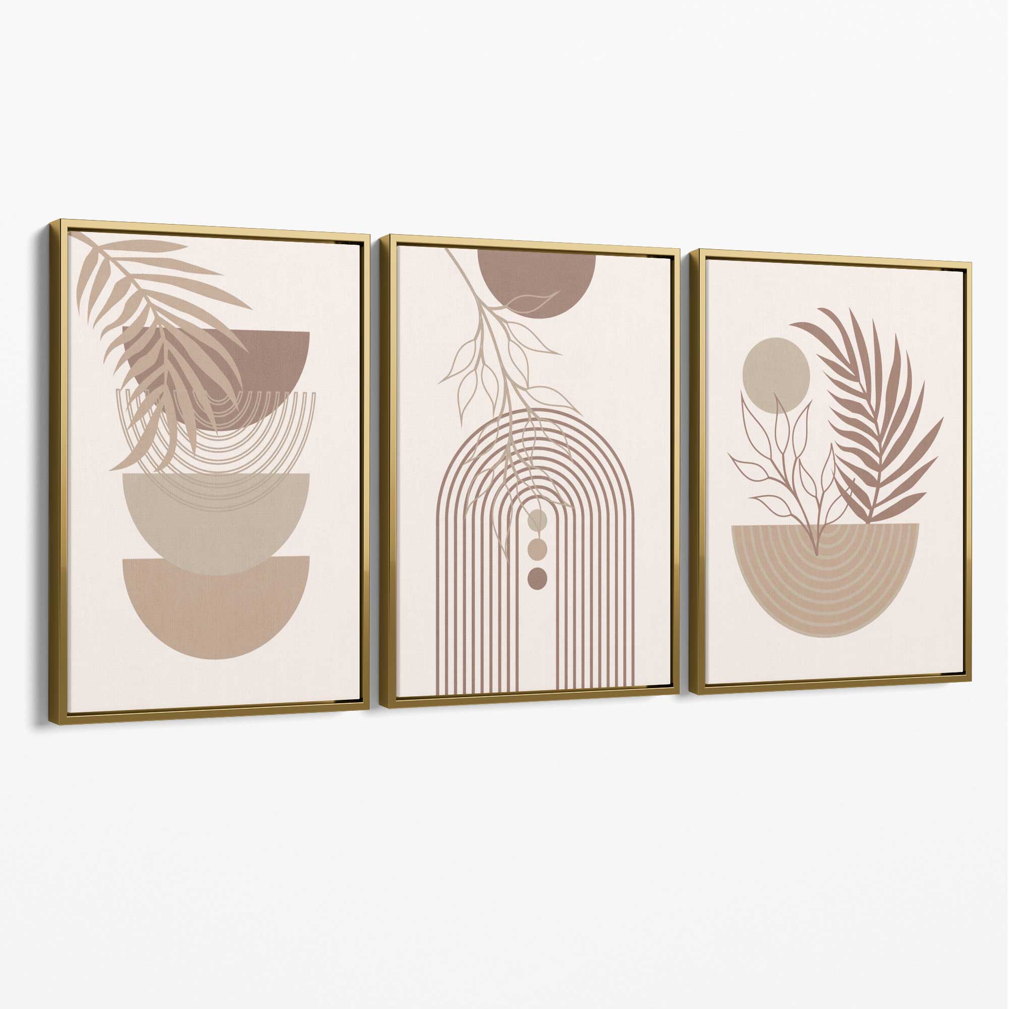 Set of 3 Boho Floral Geometric Neutral Beige Canvas Art Prints with Gold Float Frame