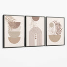 Set of 3 Boho Floral Geometric Neutral Beige Canvas Art Prints with Grey Float Frame