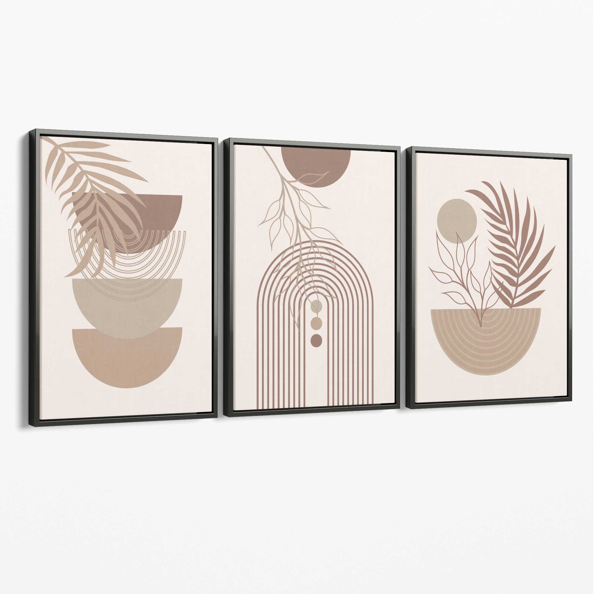 Set of 3 Boho Floral Geometric Neutral Beige Canvas Art Prints with Grey Float Frame