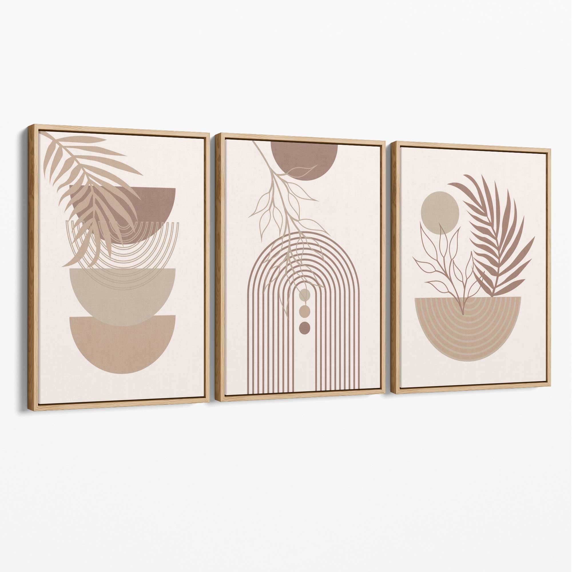 Set of 3 Boho Floral Geometric Neutral Beige Canvas Art Prints with Oak Float Frame
