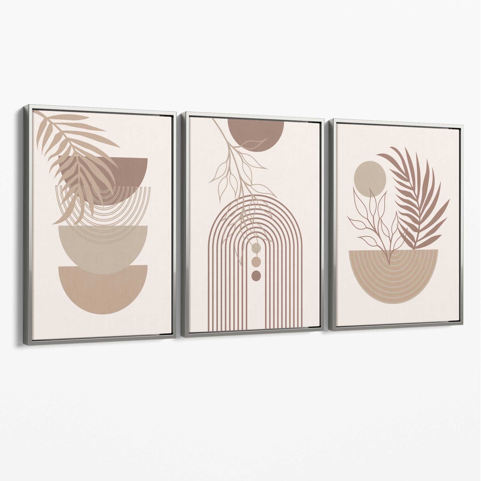 Set of 3 Boho Floral Geometric Neutral Beige Canvas Art Prints with Silver Float Frame
