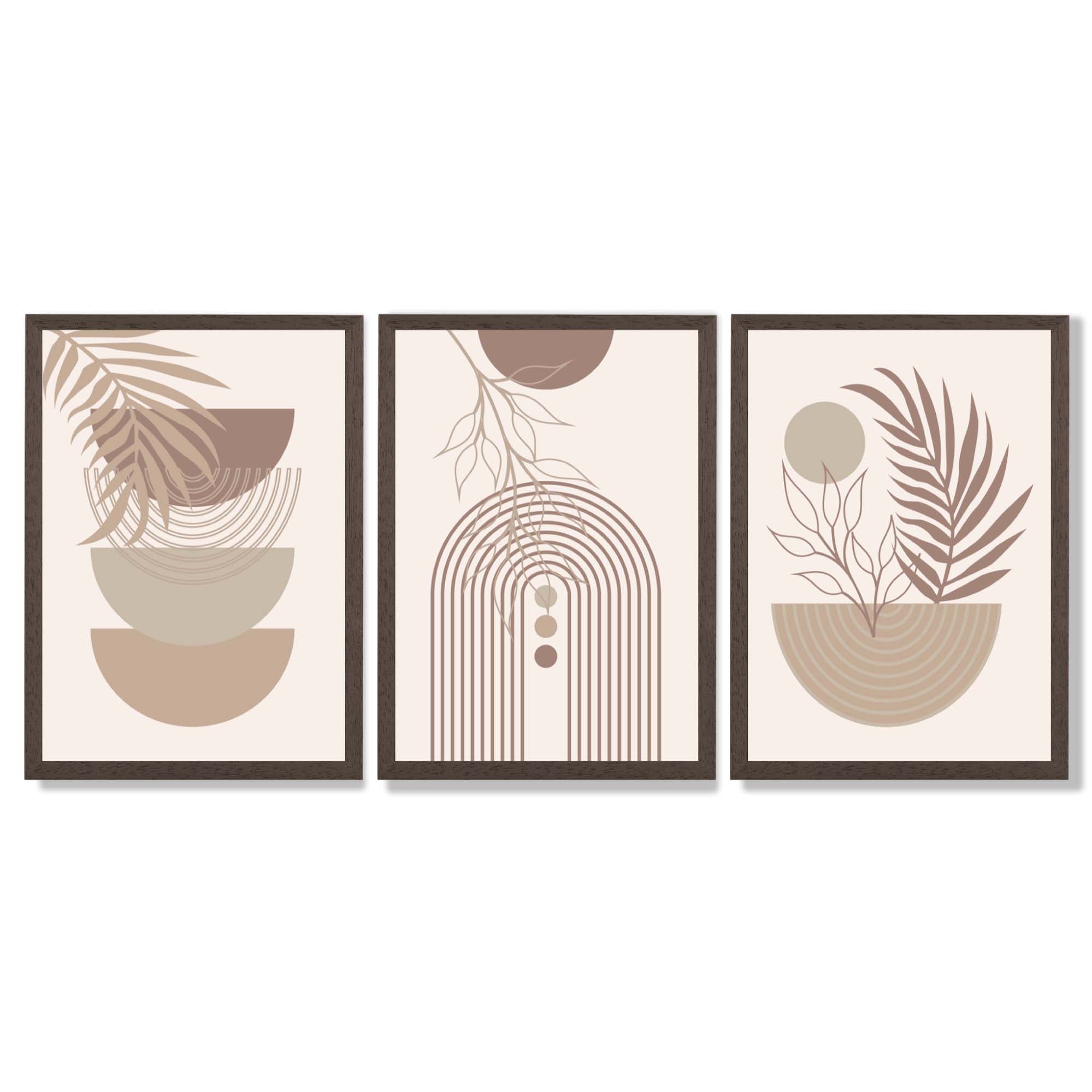 Set of 3 Boho Floral Geometric Neutral Beige Framed Art Prints with Dark Wood Frames