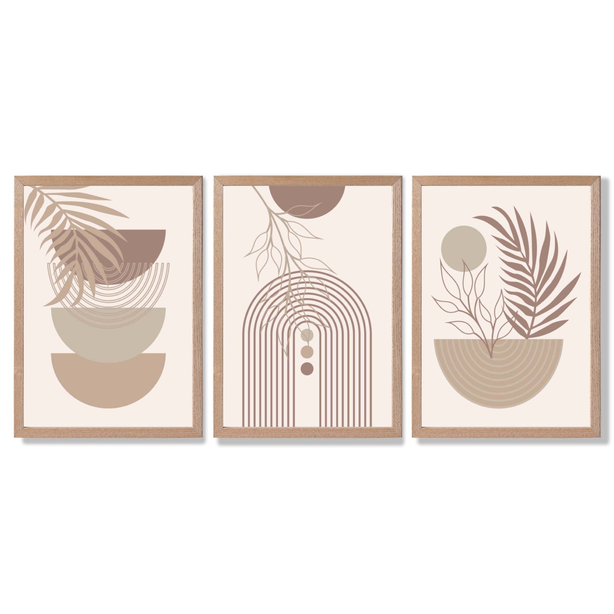 Set of 3 Boho Floral Geometric Neutral Beige Framed Art Prints with Light Oak Frames