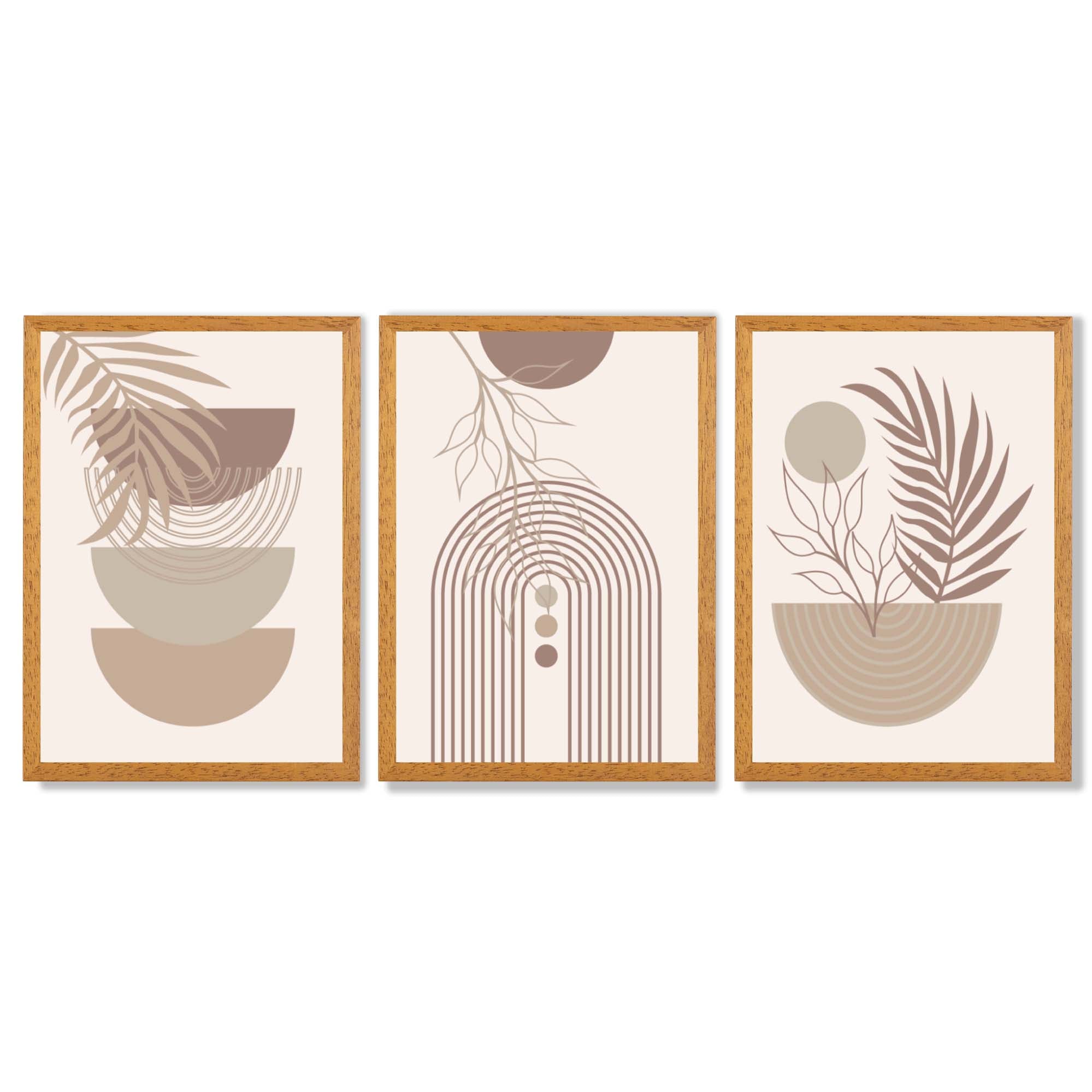 Set of 3 Boho Floral Geometric Neutral Beige Framed Art Prints with Oak Wooden Frames