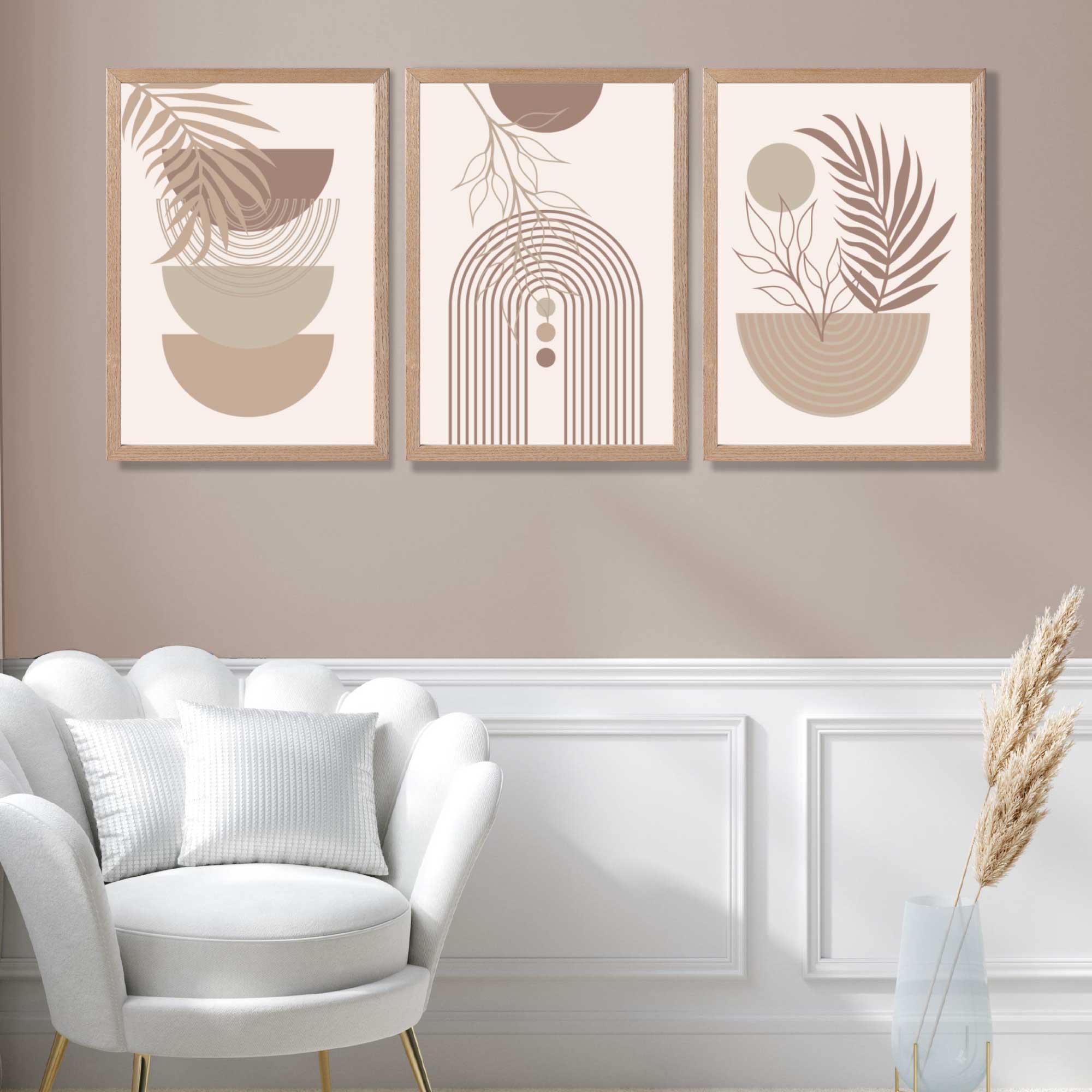 Set of 3 Boho Floral Geometric Neutral Beige Art Prints in Oak Frames | Artze UK