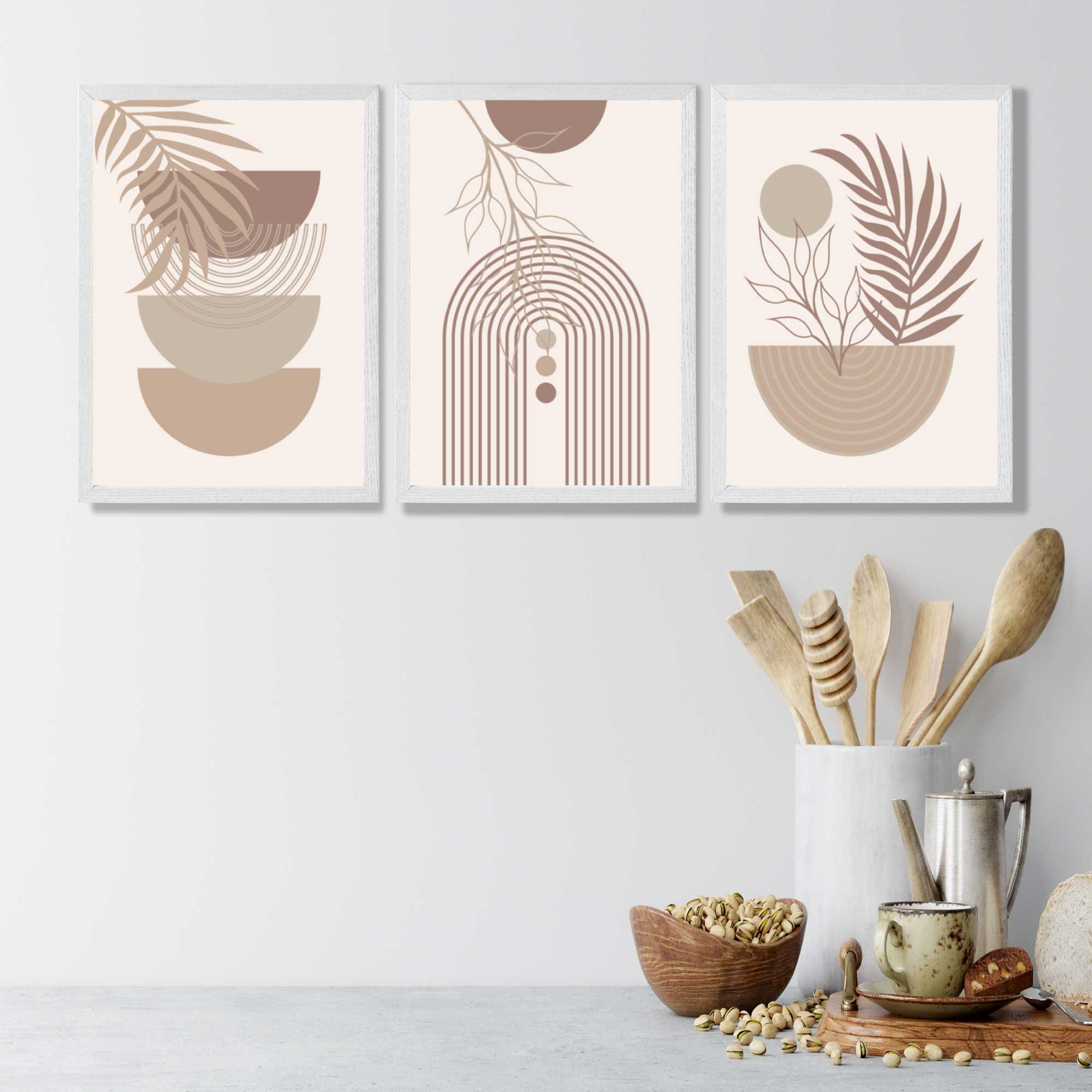 Set of 3 Boho Floral Geometric Neutral Beige Art Prints in White Frames | Artze UK