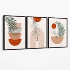 Set of 3 Boho Floral Geometric Green and Orange Canvas Art Prints with Black Float Frame