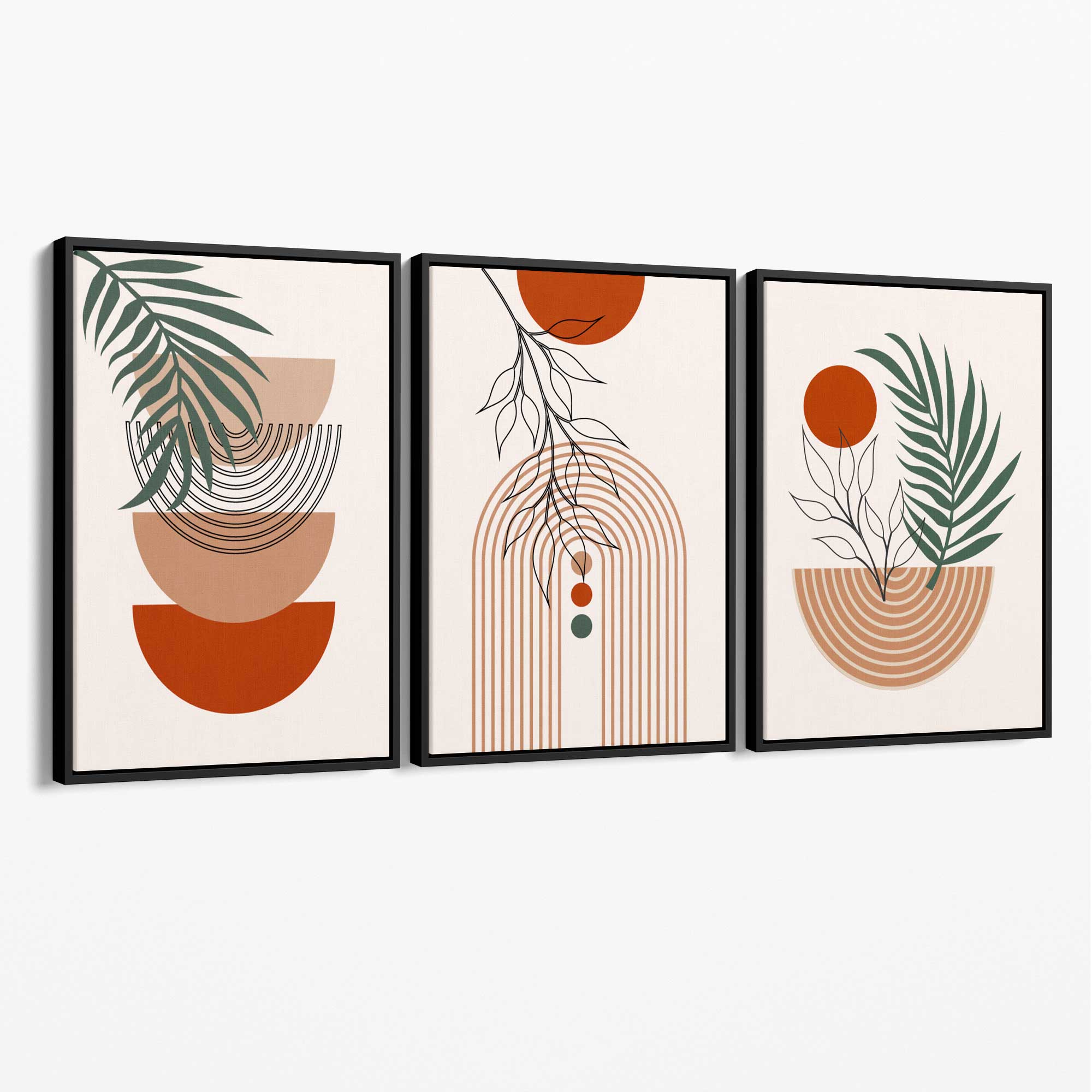 Set of 3 Boho Floral Geometric Green and Orange Canvas Art Prints with Black Float Frame