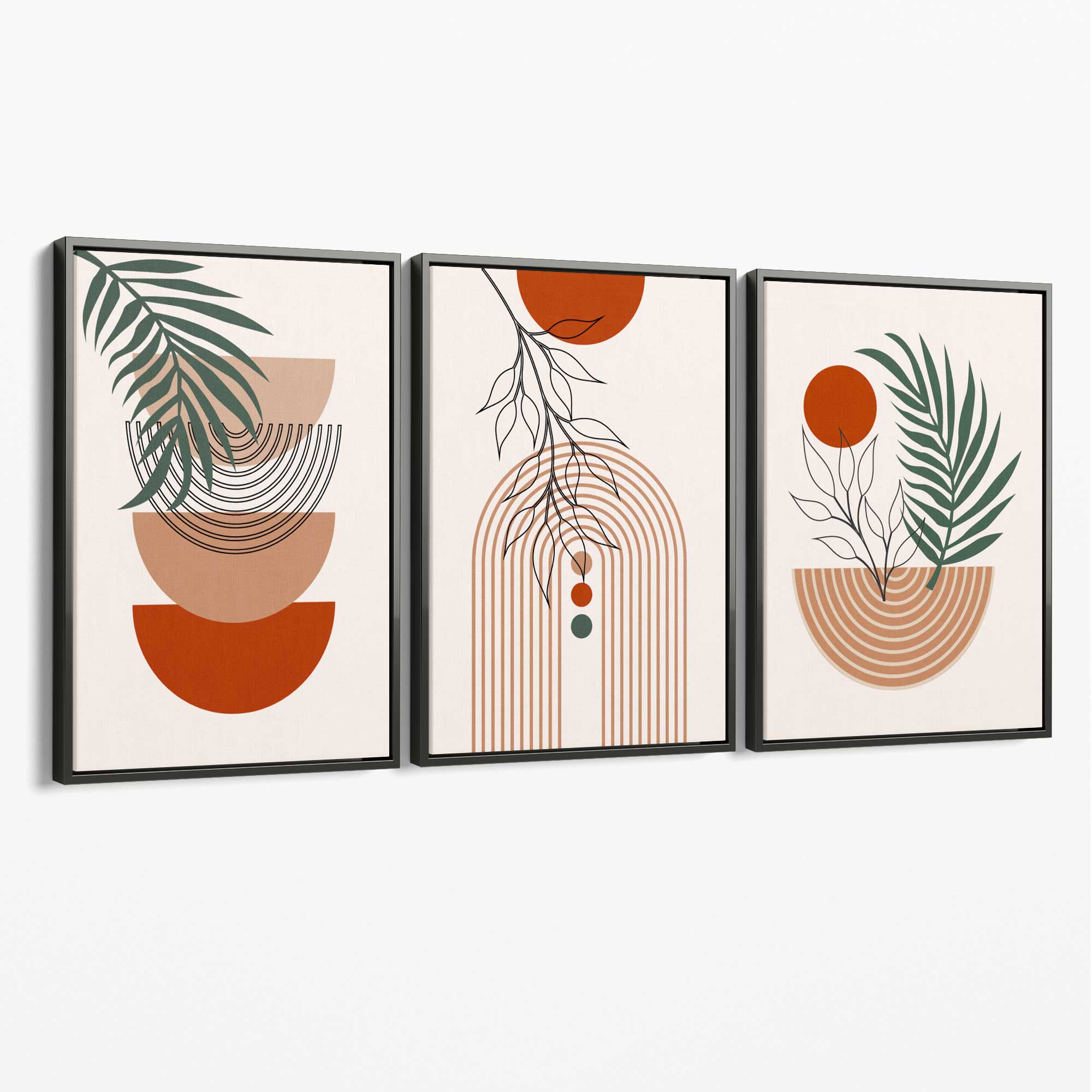 Set of 3 Boho Floral Geometric Green and Orange Canvas Art Prints with Grey Float Frame