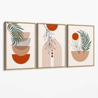 Set of 3 Boho Floral Geometric Green and Orange Canvas Art Prints with Oak Float Frame
