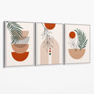 Set of 3 Boho Floral Geometric Green and Orange Canvas Art Prints with White Float Frame