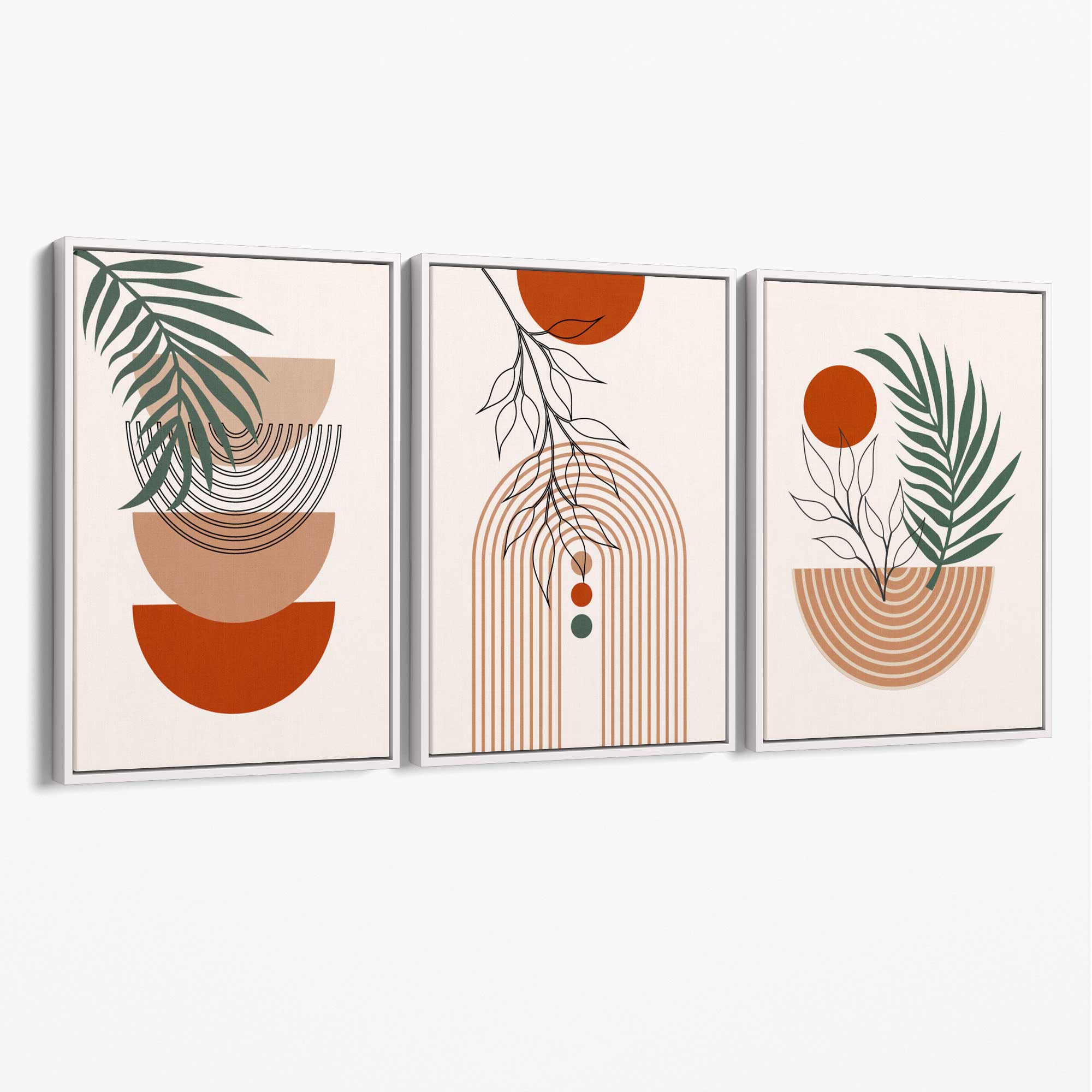 Set of 3 Boho Floral Geometric Green and Orange Canvas Art Prints with White Float Frame