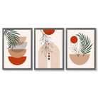 Set of 3 Boho Floral Geometric Green and Orange Framed Art Prints with Dark Grey Wooden Frames