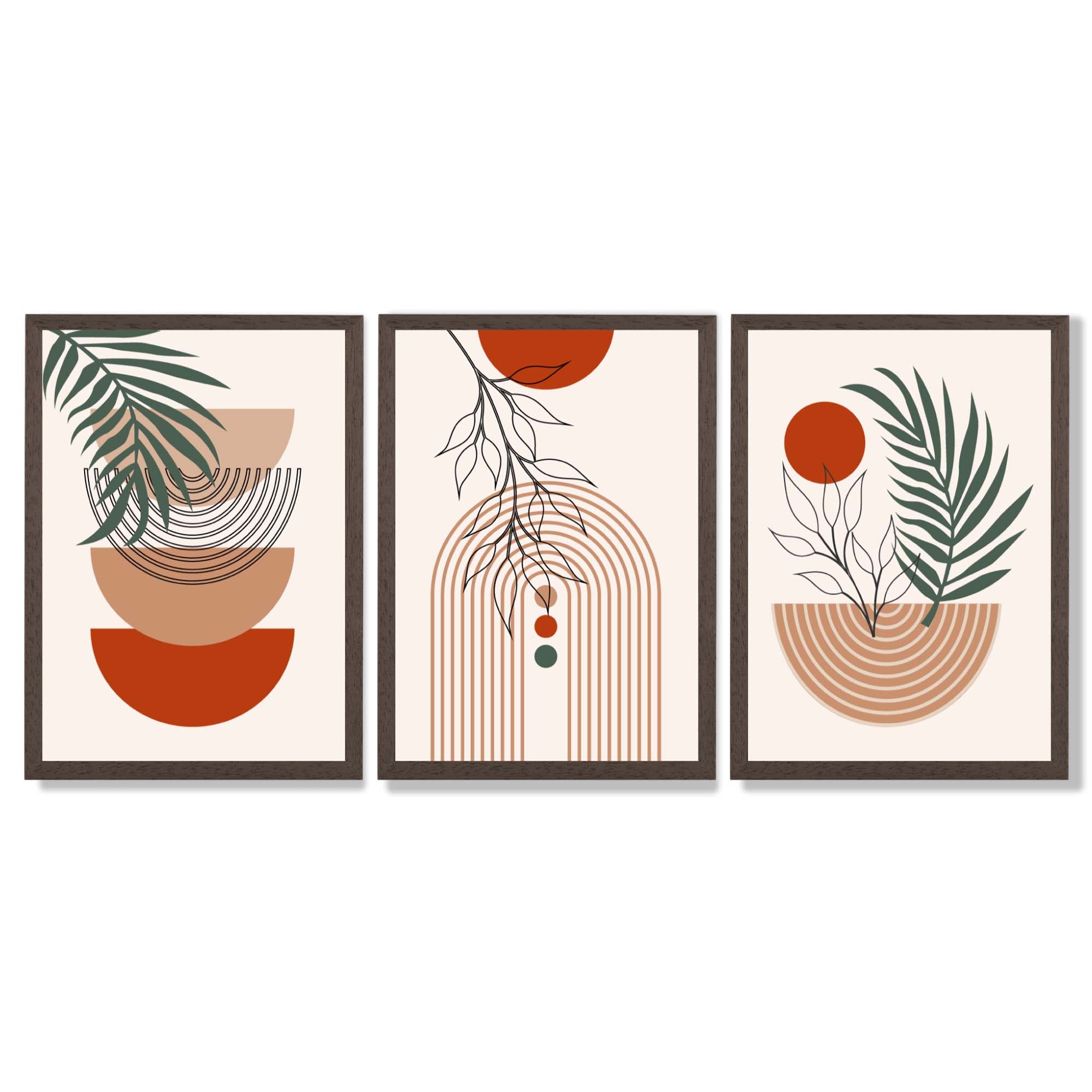 Set of 3 Boho Floral Geometric Green and Orange Framed Art Prints with Dark Wood Frames