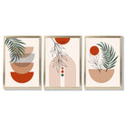 Set of 3 Boho Floral Geometric Green and Orange Framed Art Prints with Gold Wood Frames