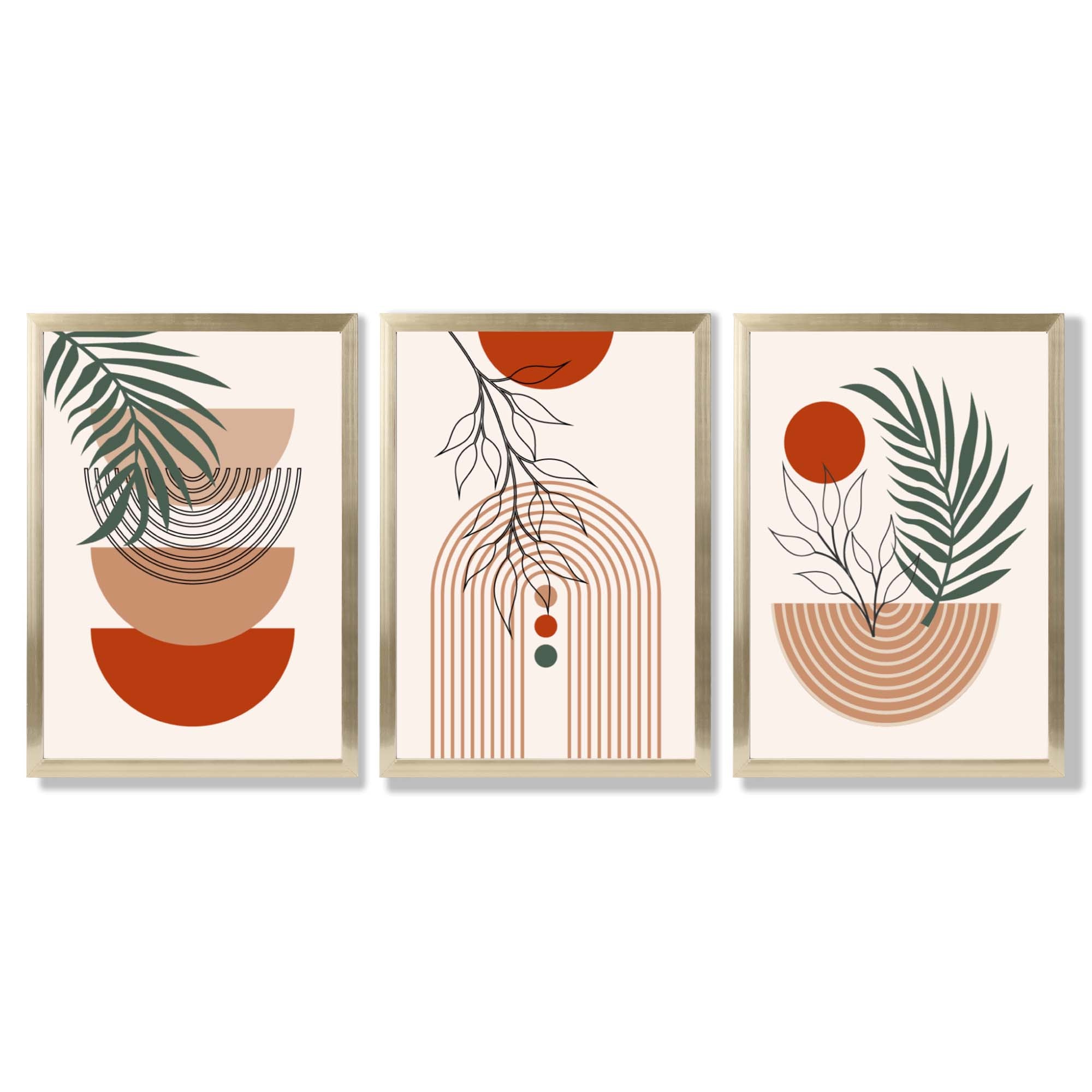 Set of 3 Boho Floral Geometric Green and Orange Framed Art Prints with Gold Wood Frames