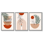 Set of 3 Boho Floral Geometric Green and Orange Framed Art Prints with Light Grey Wooden Frames