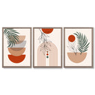 Set of 3 Boho Floral Geometric Green and Orange Framed Art Prints with Light Walnut Frames