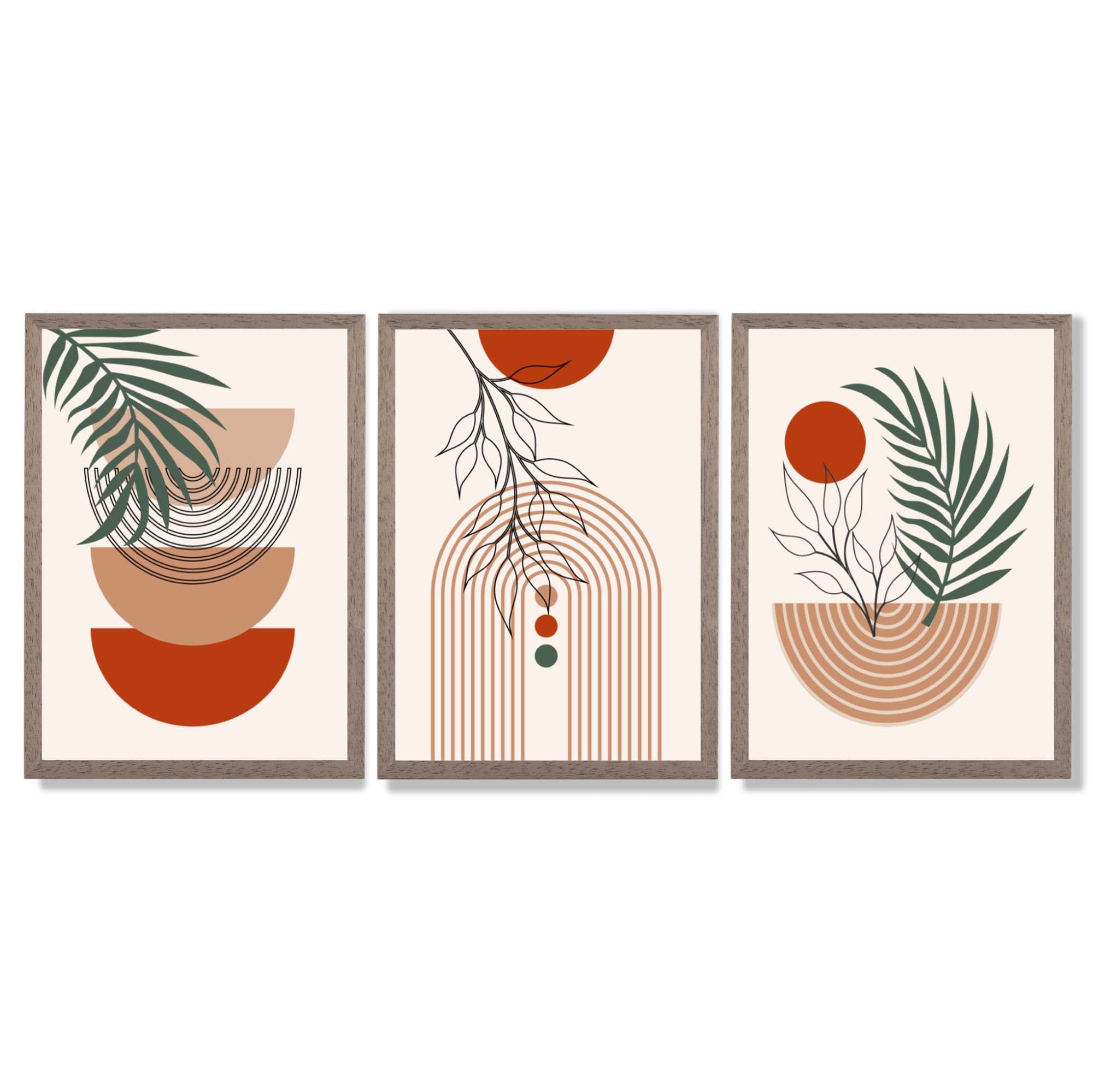 Set of 3 Boho Floral Geometric Green and Orange Framed Art Prints with Light Walnut Frames