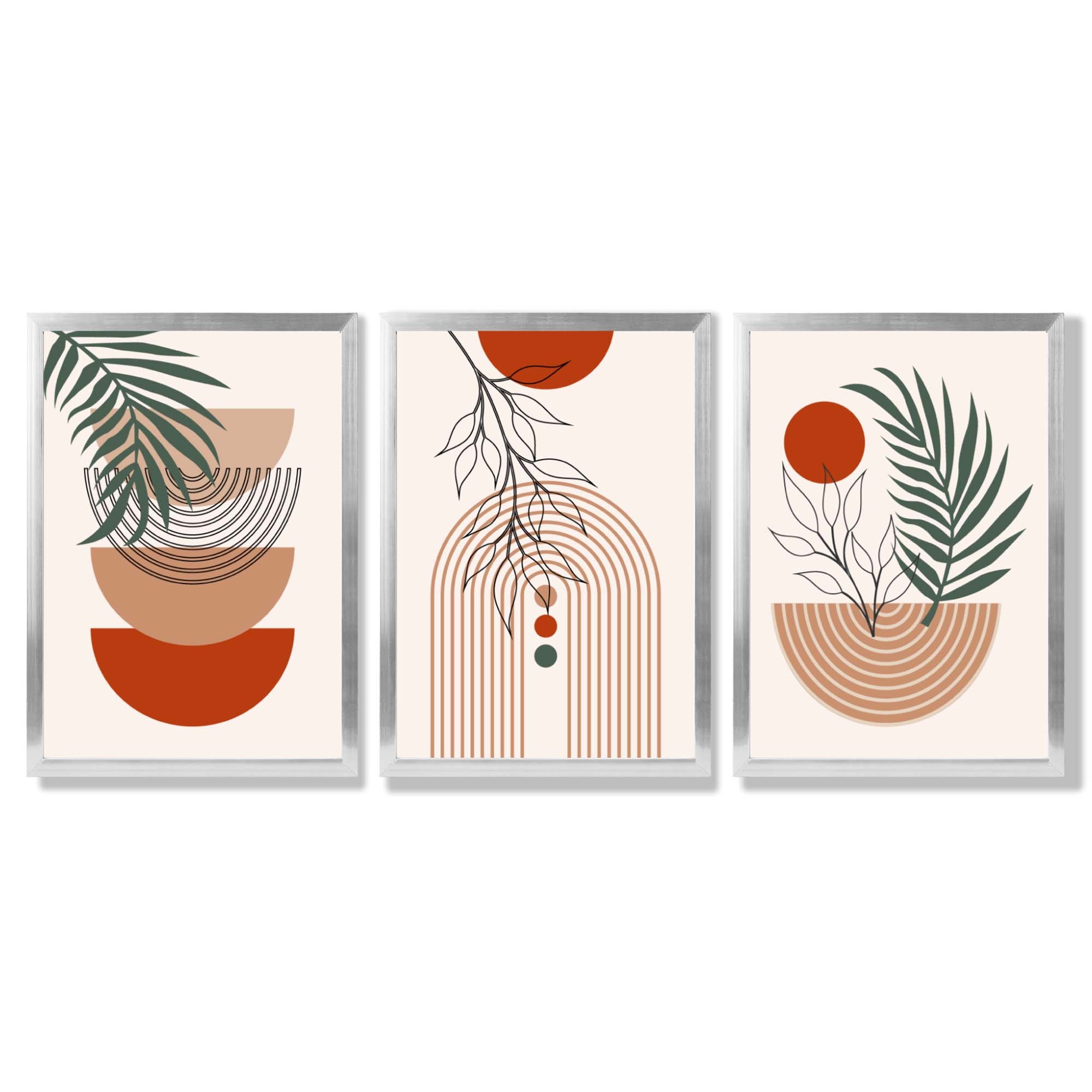 Set of 3 Boho Floral Geometric Green and Orange Framed Art Prints with Silver Wood Frames