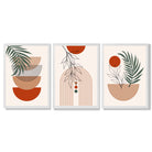 Set of 3 Boho Floral Geometric Green and Orange Framed Art Prints with White Wooden Frames